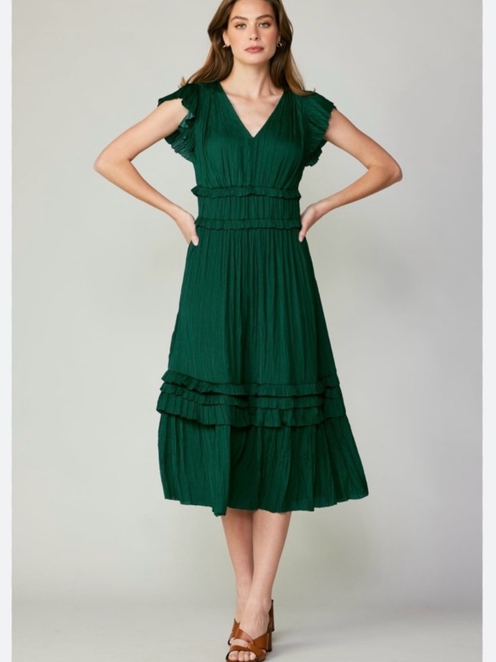 Anthropologie SEREIA PLEATED MIDI DRESS Emerald Green - Small